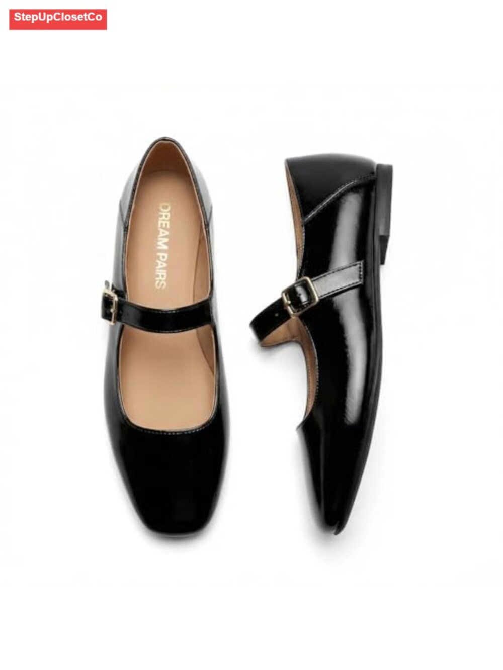 Women's Square Toe Mary Jane Flats Faux Leather Buckle Lightweight